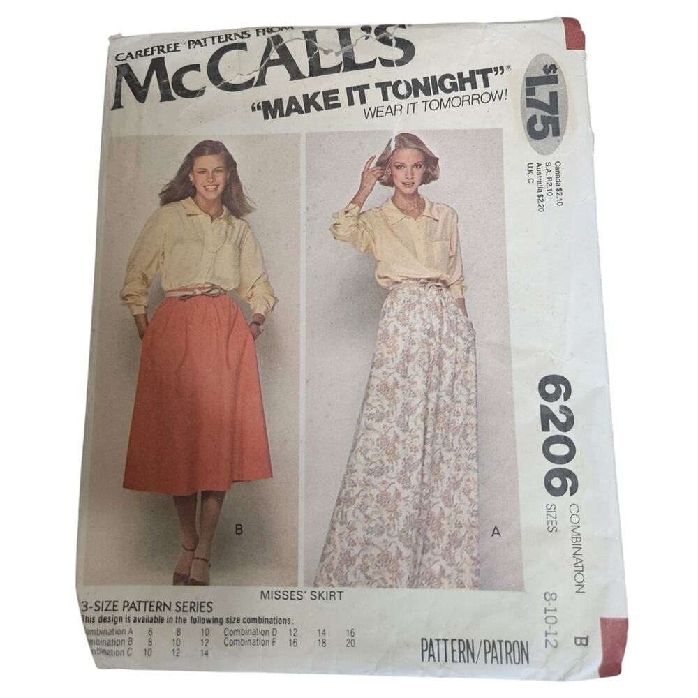 McCall's 6206 Misses Skirt Sewing Pattern 8-10-12 Uncut Vintage 1970s Waistband